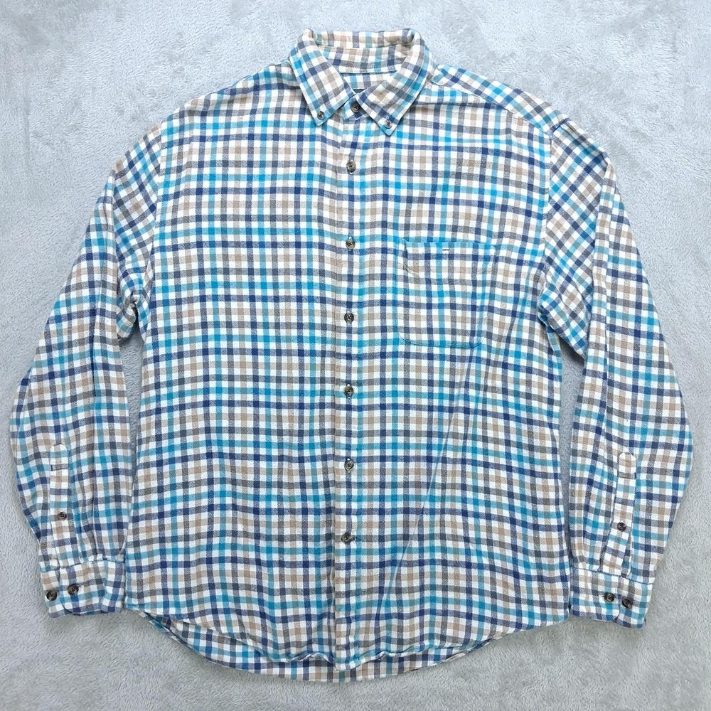 John Bartlett Consensus Mens Medium Plaid Flannel Shirt Blue Tan 100% Cotton